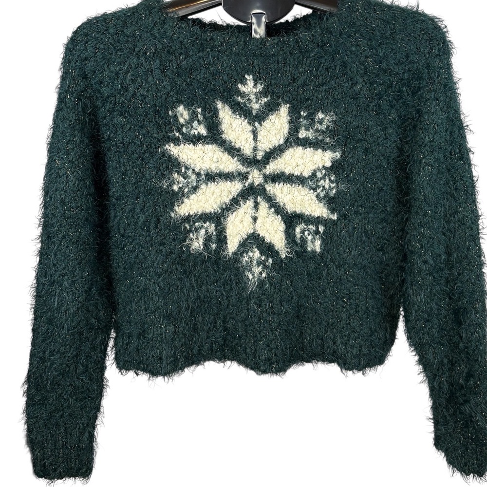 Shrinking Violet Womens Medium Green Fuzzy Snowflake Metallic Cropped Sweater M